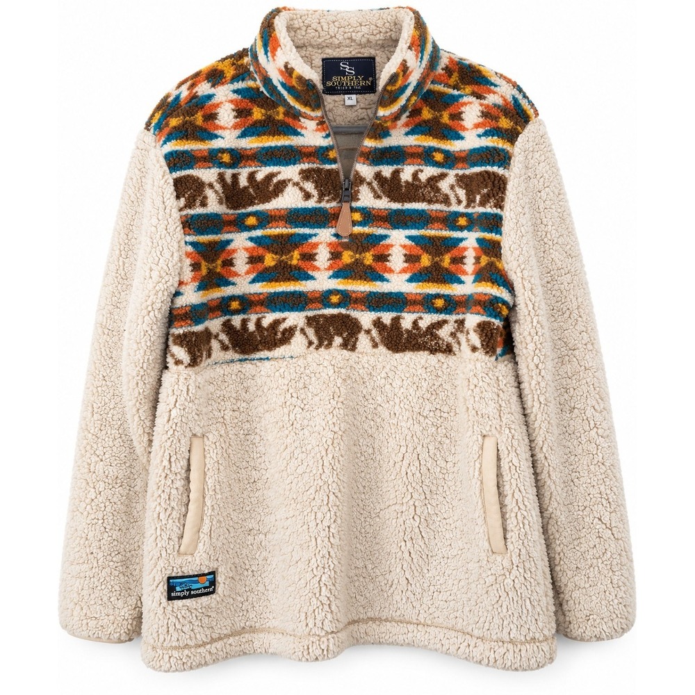Simply Southern XL Sherpa Pullover Fleece Southwest Bear Aztec Quarter Zip Cream